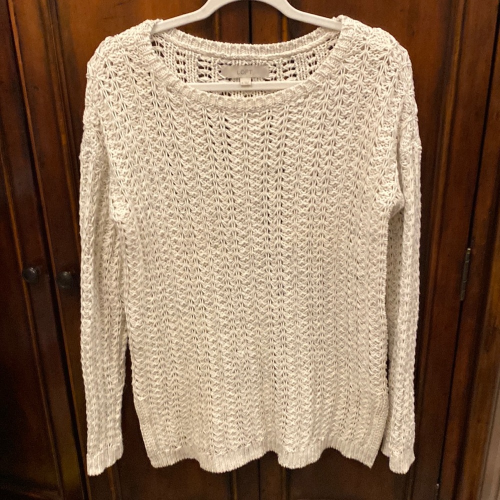 Loft gray and cream open stitch tunic sweater with side slits size medium
